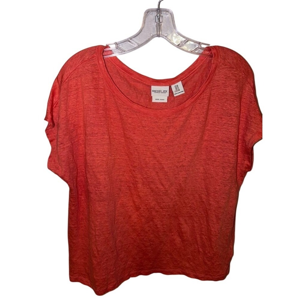 Rachel Zoe Women 1X Coral 100% Linen Short Sleeve Scoop Neck Top Tee Shirt